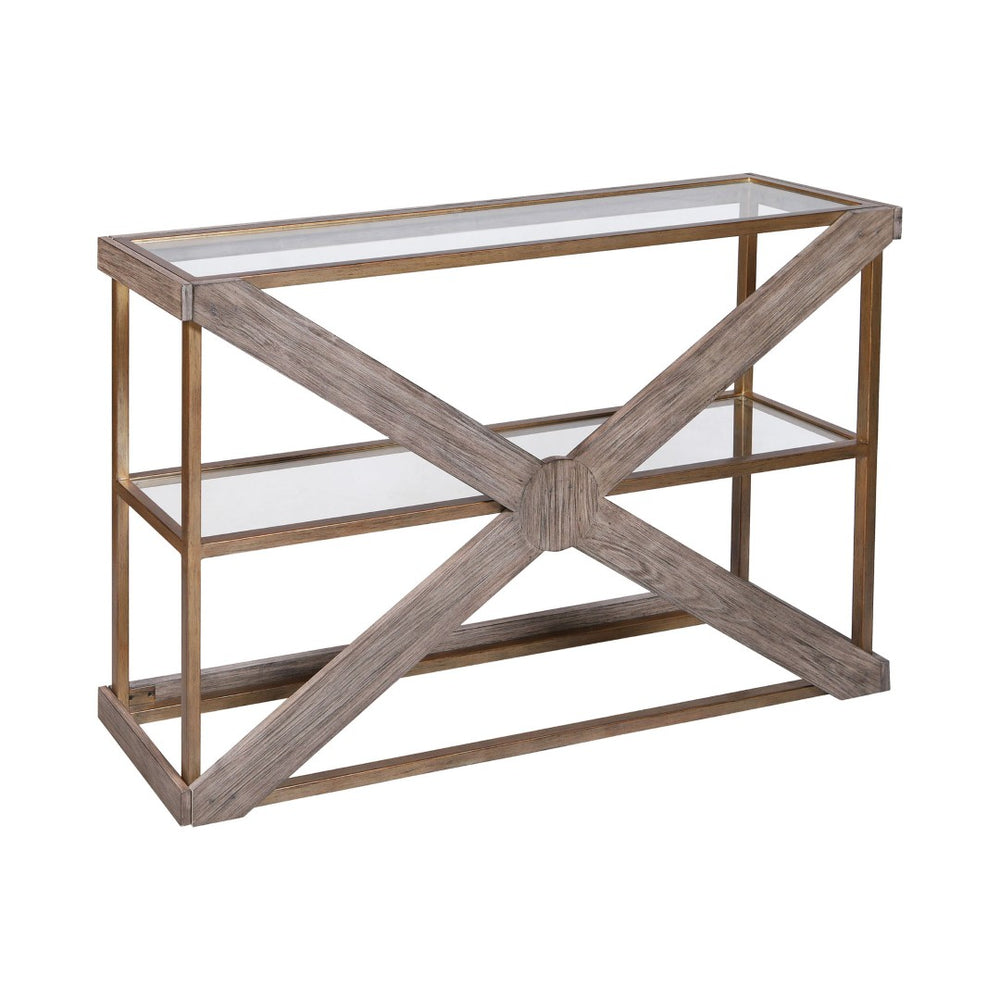 Atlas Jordrock Console Table - Stylish Gold Metal Frame with Glass Shelves & Criss-Cross Wood Accents TA11105-01