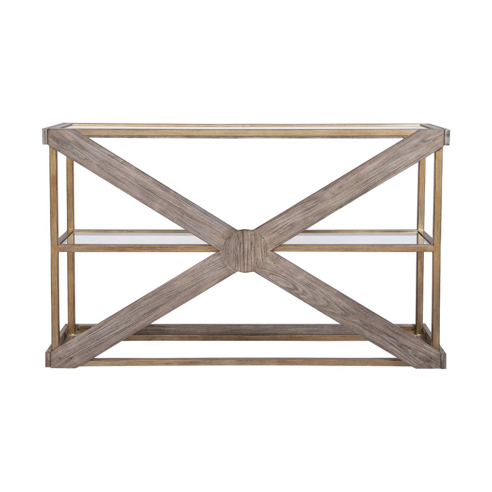 Atlas Jordrock Console Table - Stylish Gold Metal Frame with Glass Shelves & Criss-Cross Wood Accents TA11105-01