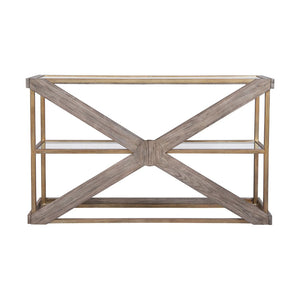 Atlas Jordrock Console Table - Stylish Gold Metal Frame with Glass Shelves & Criss-Cross Wood Accents TA11105-01