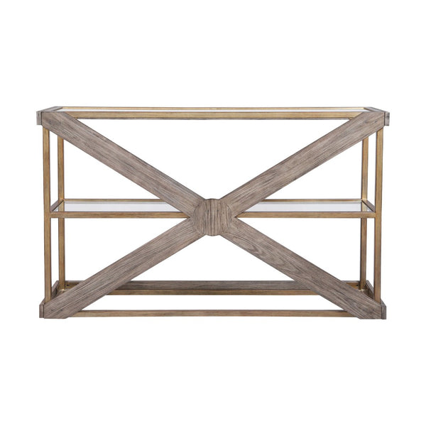 Atlas Jordrock Console Table - Stylish Gold Metal Frame with Glass Shelves & Criss-Cross Wood Accents TA11105-01