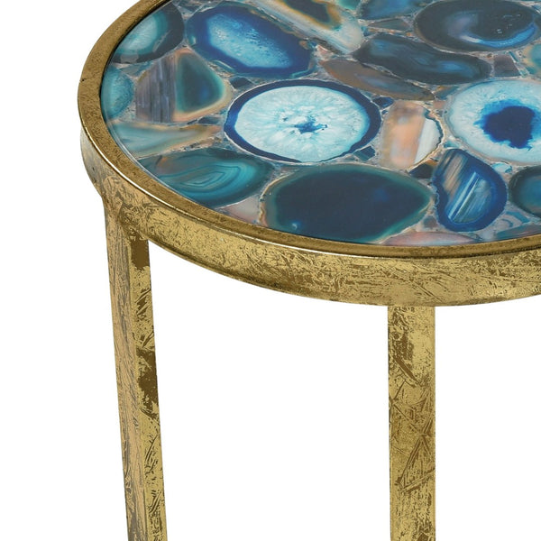 Atlas Krete Elegant Blue Agate Mosaic Accent Table with Gold Frame – Chic Modern Glam Home Decor Piece TA11111-01