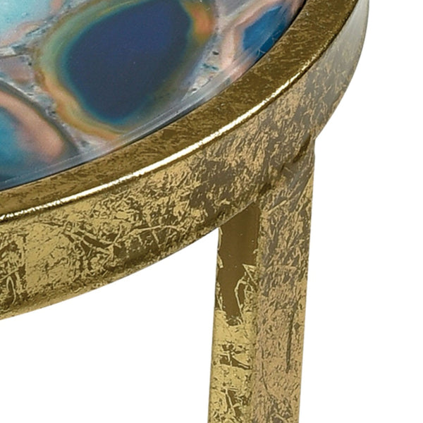 Atlas Krete Elegant Blue Agate Mosaic Accent Table with Gold Frame – Chic Modern Glam Home Decor Piece TA11111-01