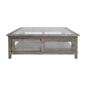 Atlas Ostendo Display Coffee Table – Handcrafted Graywash Wood with Glass Top, Dual-Side Storage & Style TA11135-01