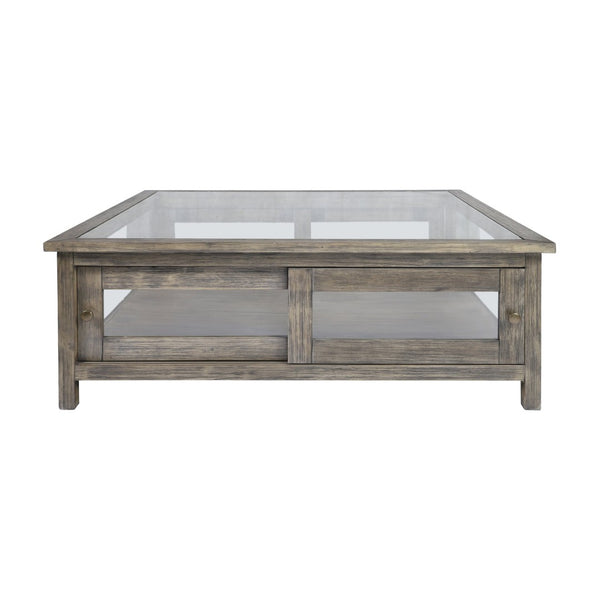 Atlas Ostendo Display Coffee Table – Handcrafted Graywash Wood with Glass Top, Dual-Side Storage & Style TA11135-01