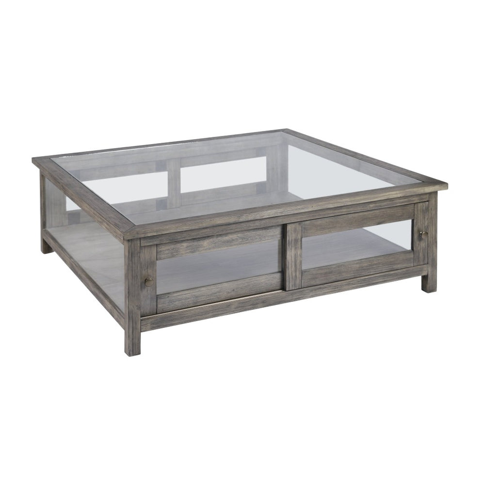 Atlas Ostendo Display Coffee Table – Handcrafted Graywash Wood with Glass Top, Dual-Side Storage & Style TA11135-01