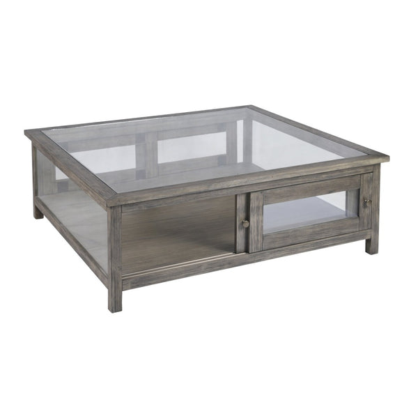 Atlas Ostendo Display Coffee Table – Handcrafted Graywash Wood with Glass Top, Dual-Side Storage & Style TA11135-01