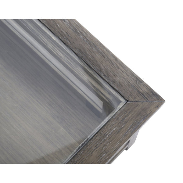 Atlas Ostendo Display Coffee Table – Handcrafted Graywash Wood with Glass Top, Dual-Side Storage & Style TA11135-01