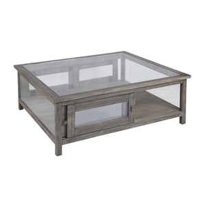 Atlas Ostendo Display Coffee Table – Handcrafted Graywash Wood with Glass Top, Dual-Side Storage & Style TA11135-01