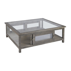 Atlas Ostendo Display Coffee Table – Handcrafted Graywash Wood with Glass Top, Dual-Side Storage & Style TA11135-01
