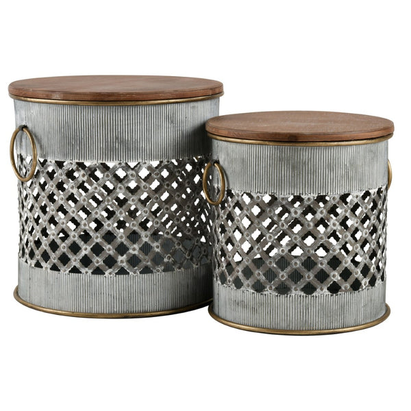 Atlas Parla Accent Table Set of 2 – Modern Rustic Drum Design with Hidden Storage & Brass Handles TA11138-01S