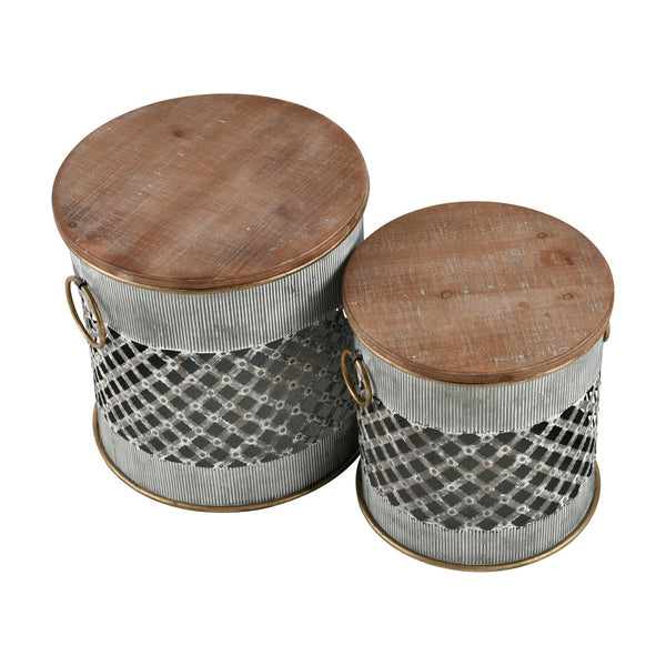 Atlas Parla Accent Table Set of 2 – Modern Rustic Drum Design with Hidden Storage & Brass Handles TA11138-01S