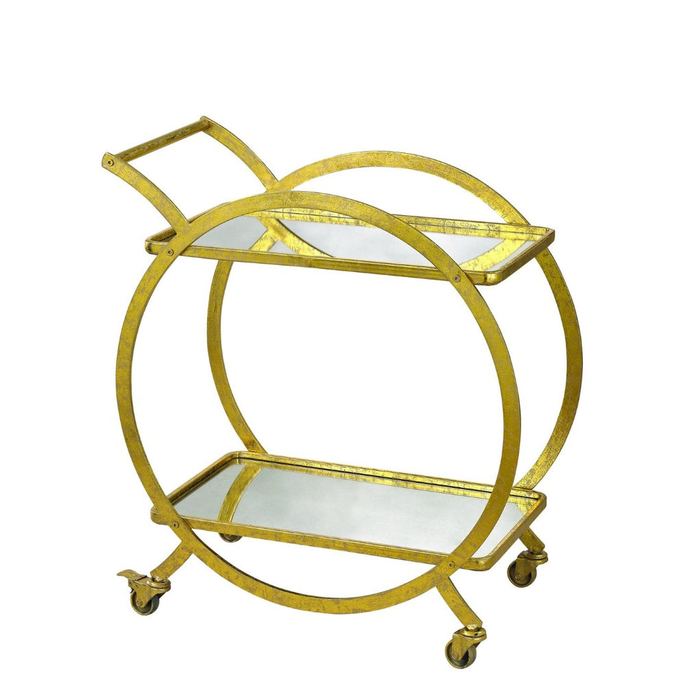 Atlas Ring Vintage Glamour Bar Cart with Distressed Gold Finish, Mirror Shelves, and Smooth Casters TA11155-01