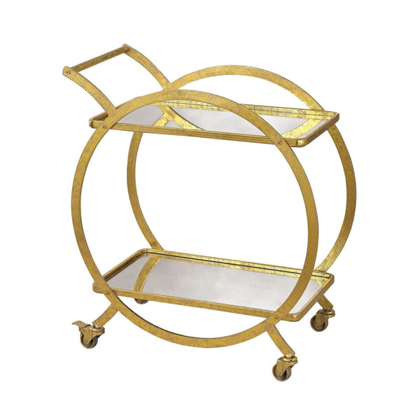 Atlas Ring Vintage Glamour Bar Cart with Distressed Gold Finish, Mirror Shelves, and Smooth Casters TA11155-01