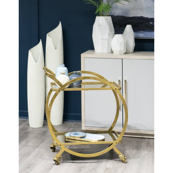 Atlas Ring Vintage Glamour Bar Cart with Distressed Gold Finish, Mirror Shelves, and Smooth Casters TA11155-01