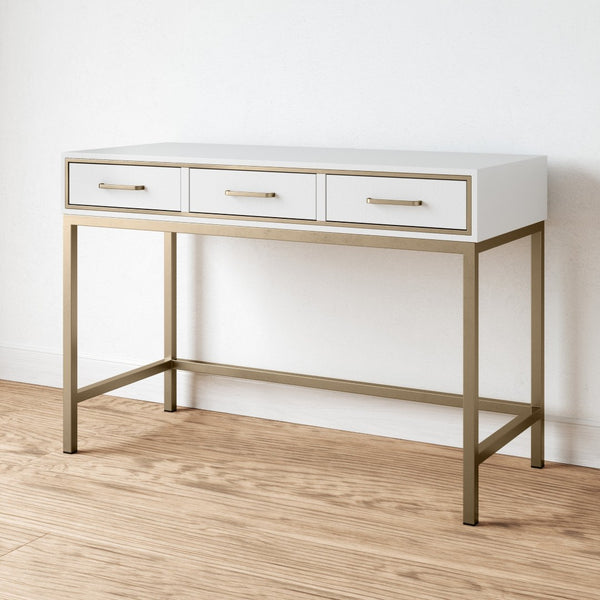 Atlas Sands Point Desk - Slimline Design with Gold Accents, Faux Shagreen Finish for Modern Workspaces 3 Drawer Cream TA11167-01