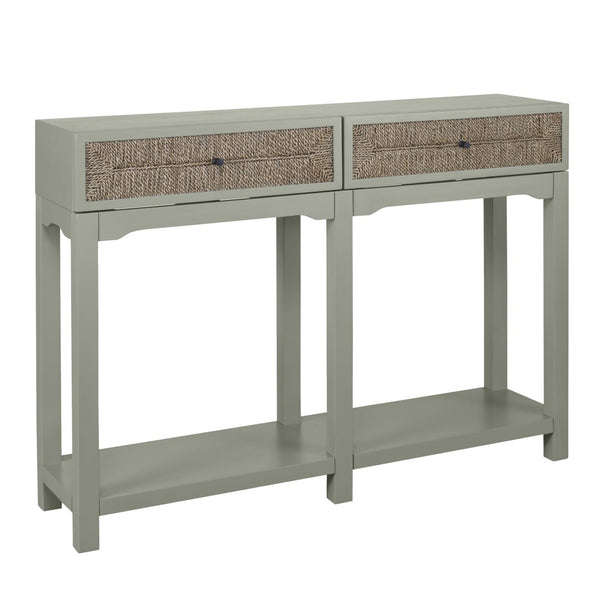 Atlas Sawyer Console Table - Coastal Elegance in Evergreen Fog with Seagrass Drawers for Stylish Storage TA11170-01
