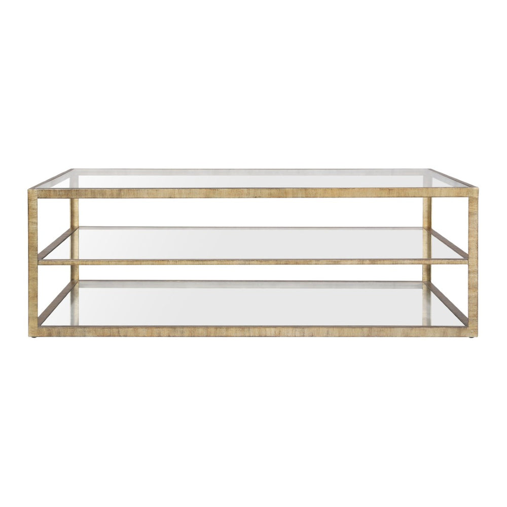 Atlas Strie Coffee Table - Modern Glam with Antique Brass Frame & Clear Glass Shelves for Chic Living Spaces TA11185-01