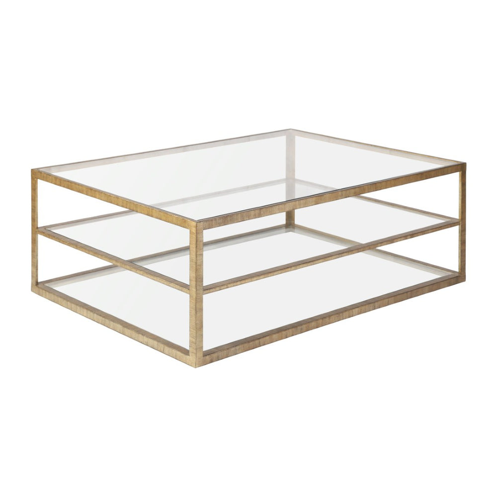 Atlas Strie Coffee Table - Modern Glam with Antique Brass Frame & Clear Glass Shelves for Chic Living Spaces TA11185-01