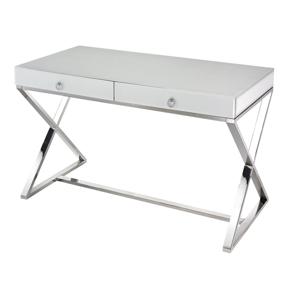 Atlas Super White Desk - Modern Glass Top with Polished Stainless Steel Frame & Ample Storage for Home Office TA11189-01