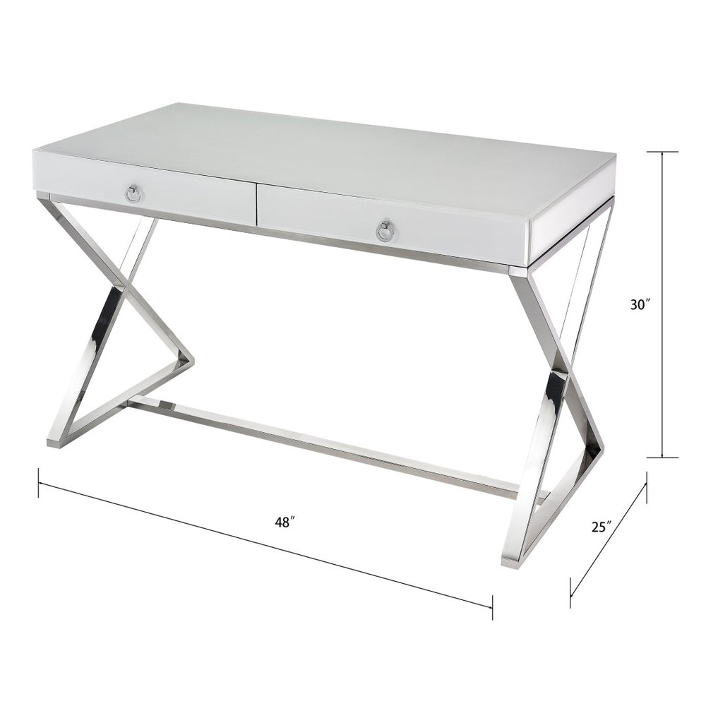 Atlas Super White Desk - Modern Glass Top with Polished Stainless Steel Frame & Ample Storage for Home Office TA11189-01