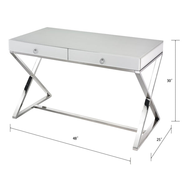 Atlas Super White Desk - Modern Glass Top with Polished Stainless Steel Frame & Ample Storage for Home Office TA11189-01