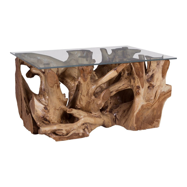 Atlas Teak Root Coffee Table - Rustic Elegance with Clear Glass Top for Unique Home Decor and Style TA11193-01