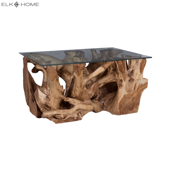 Atlas Teak Root Coffee Table - Rustic Elegance with Clear Glass Top for Unique Home Decor and Style TA11193-01