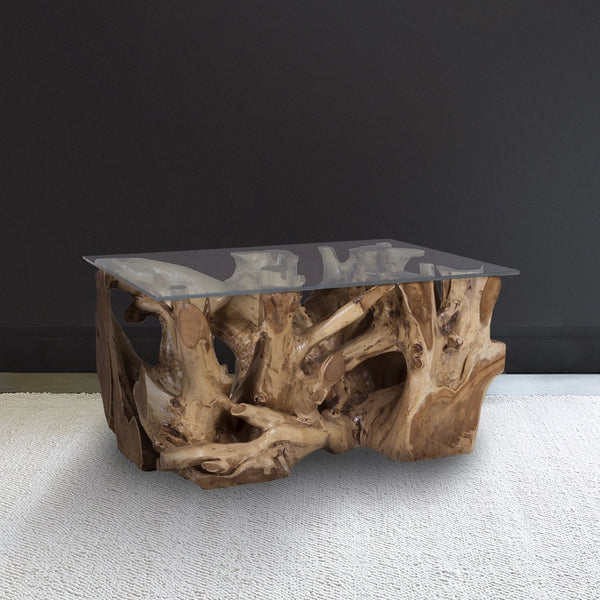 Atlas Teak Root Coffee Table - Rustic Elegance with Clear Glass Top for Unique Home Decor and Style TA11193-01