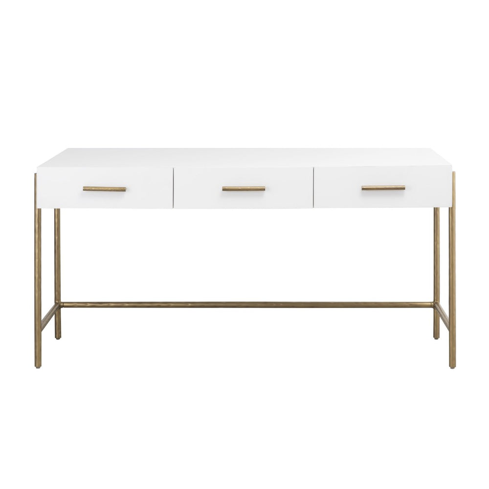Atlas Walker Desk - Sleek White Minimalist Design with Antique Brass Accents & 3 Drawers for Storage TA11206-01