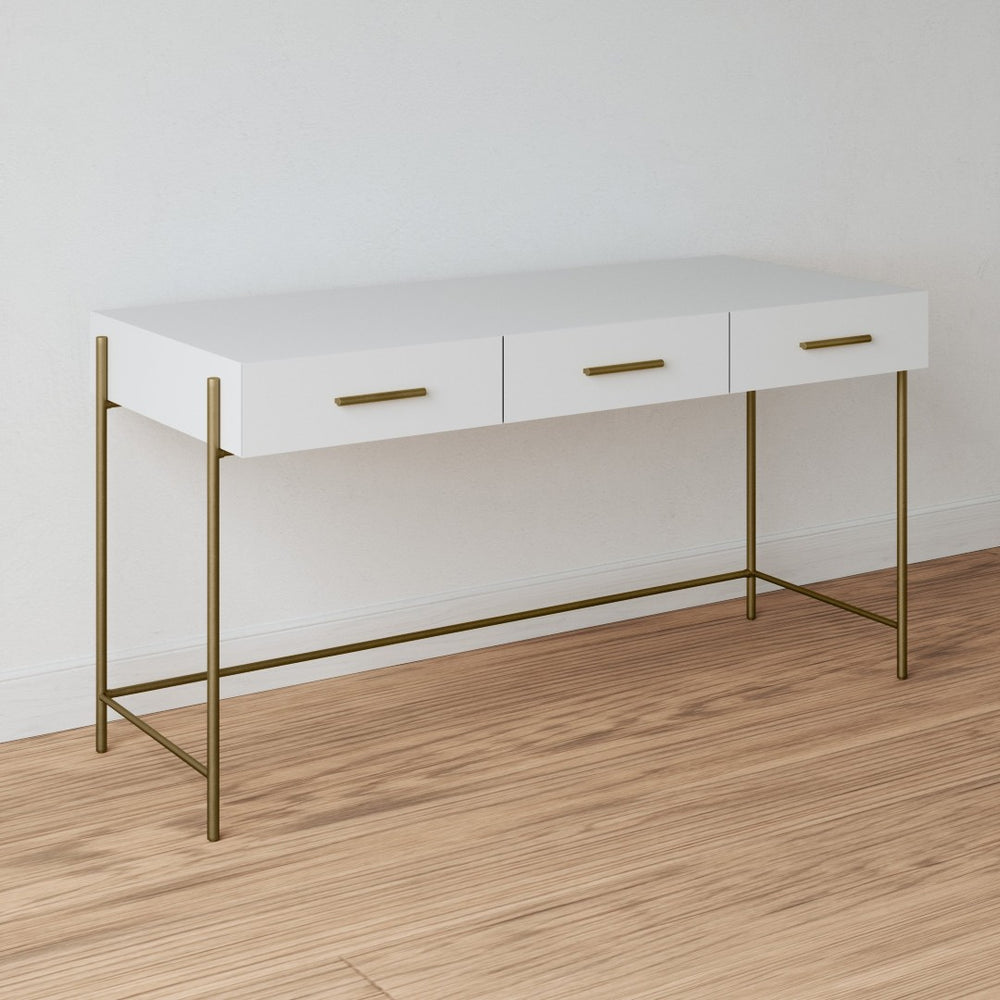 Atlas Walker Desk - Sleek White Minimalist Design with Antique Brass Accents & 3 Drawers for Storage TA11206-01