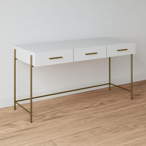 Atlas Walker Desk - Sleek White Minimalist Design with Antique Brass Accents & 3 Drawers for Storage TA11206-01