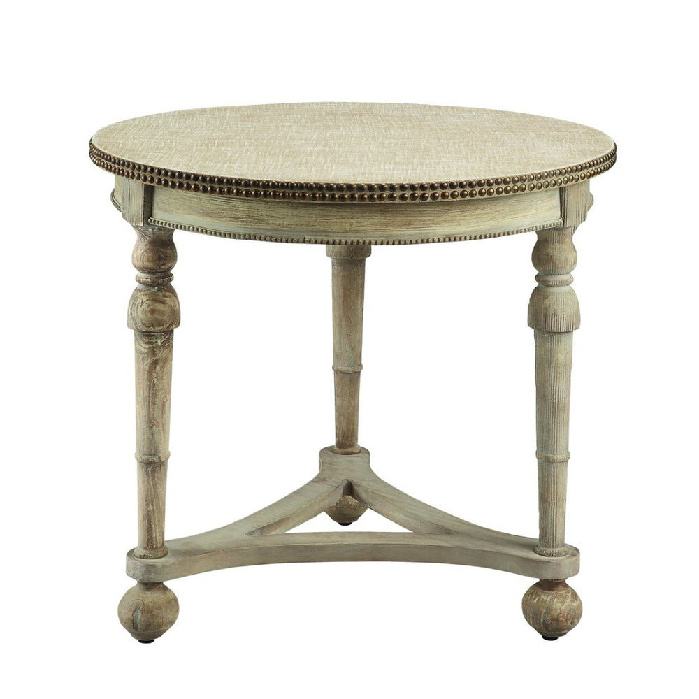 Atlas Wyeth Elegant Round Accent Table with Antique Cream Finish, Brass Trim & Linen Top for Timeless Style TA11210-01