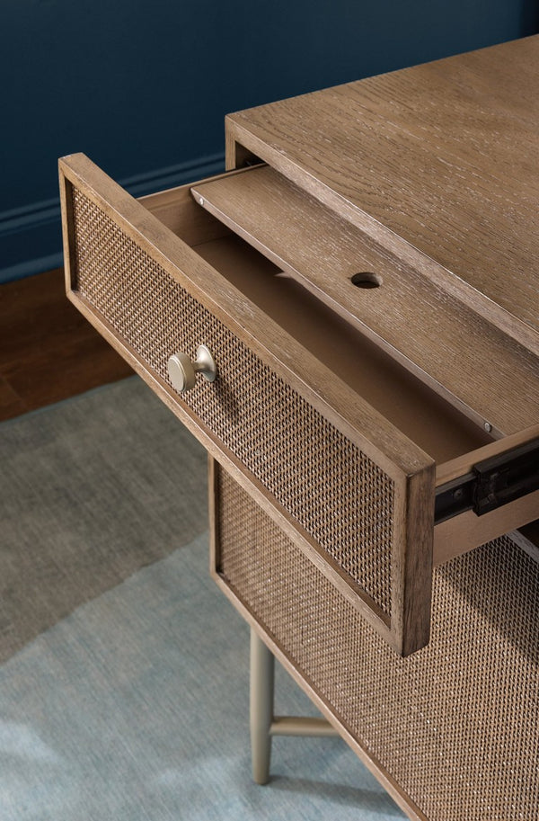 Hooker Furniture Sonnet Executive Desk With Wren Oak Veneer, Cane Drawers, Reversible Writing Surface & Wire Mgmt 6072-10462-85