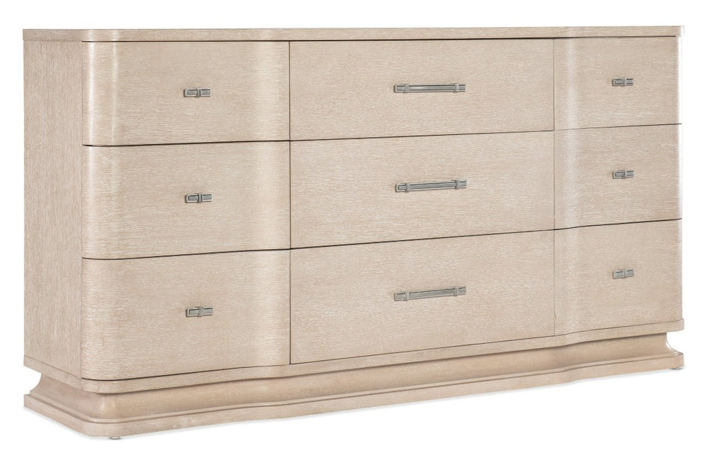 Hooker Furniture Nouveau Sandstone Nine-Drawer Dresser With Curved Breakfront, Felt & Cedar-Lined Storage, Nickel Pulls 6500-90002-80