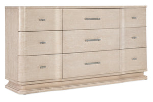 Hooker Furniture Nouveau Sandstone Nine-Drawer Dresser With Curved Breakfront, Felt & Cedar-Lined Storage, Nickel Pulls 6500-90002-80