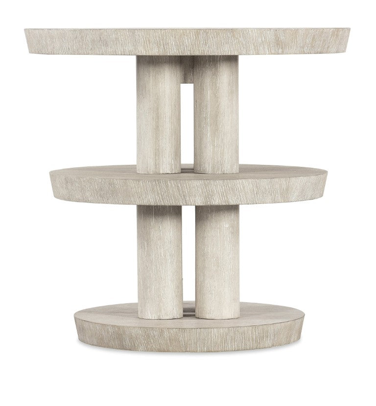 Hooker Furniture Modern Mood Round Side Table With Three-Tier Sculptural Oak Veneers, Wire-Brush Texture, Alabaster Pewter Finish Light Brown 6850-80114-80