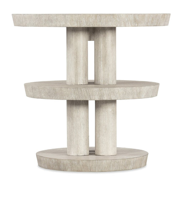 Hooker Furniture Modern Mood Round Side Table With Three-Tier Sculptural Oak Veneers, Wire-Brush Texture, Alabaster Pewter Finish Light Brown 6850-80114-80