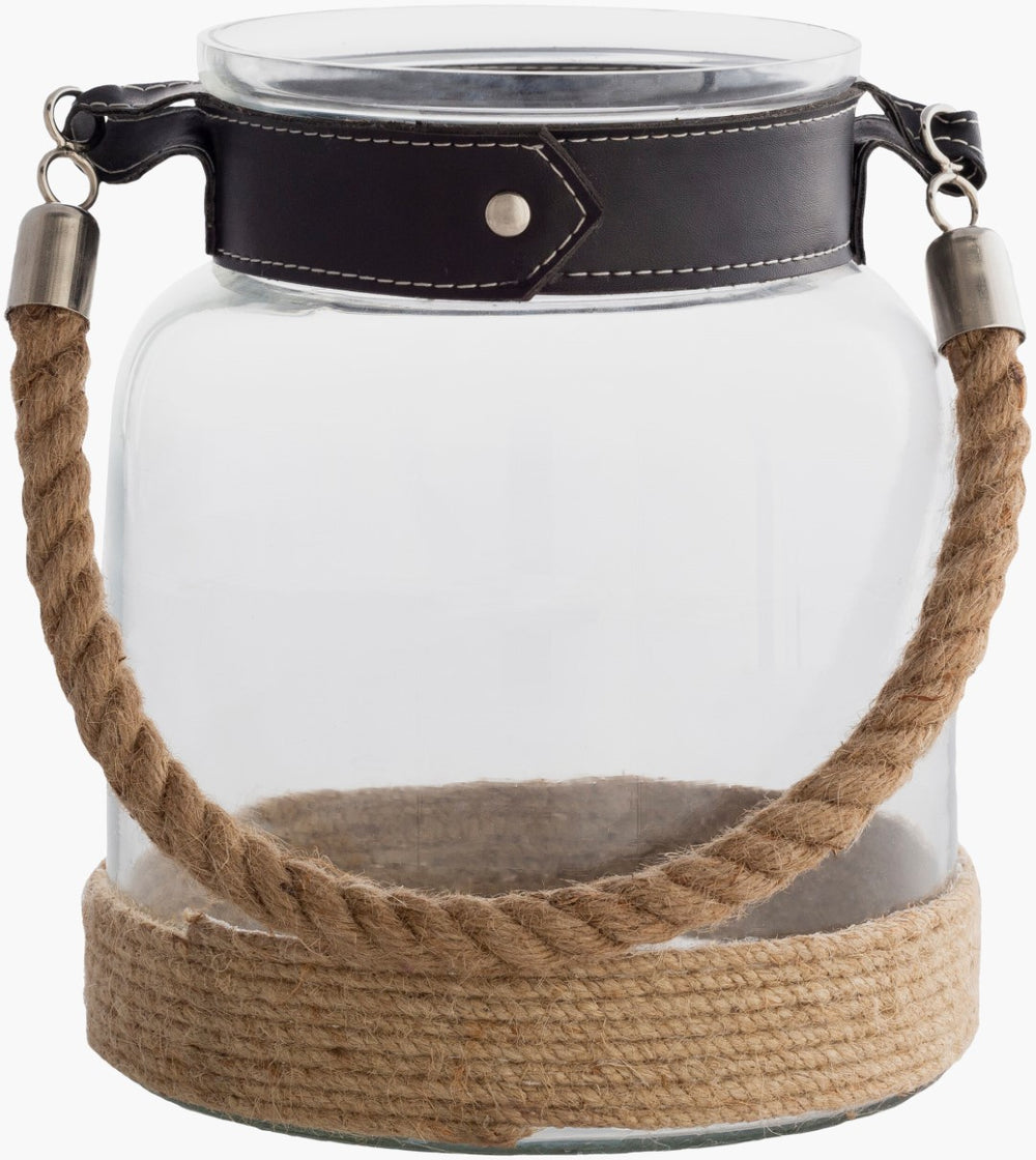 Surya Timber 9" Rustic Decorative Lantern - Charming Glass & Jute Accent For Cottage Style Decor Clear Glass,Jute Tbr-001