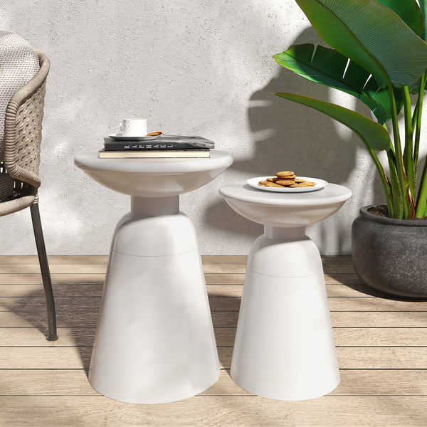 English Elm Serenita Outdoor Powder Coated Iron Pedestal Side Tables Sculptural Flared Set of Two White 73614.00WHI