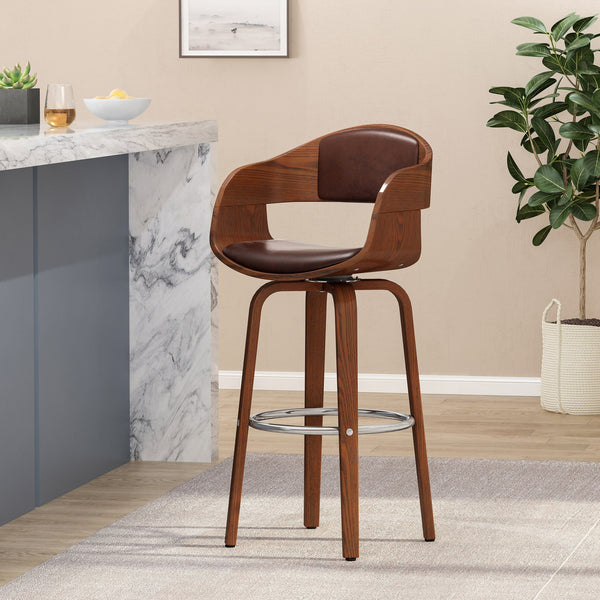 English Elm Christopher Knight Home® - BAR STOOL Mid-Century Modern Faux Leather Swivel with Walnut Veneer Frame and Chrome Footrest Dark Brown 67494.00PUDBRN