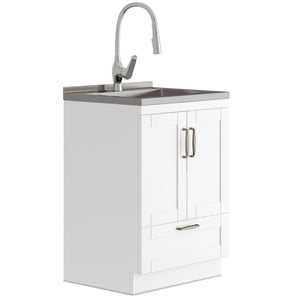 English Elm Reed Deluxe 24" White Laundry Cabinet With Deep Stainless Steel Sink & Pull-Out Faucet For Utility Use B136P158812-GIGA