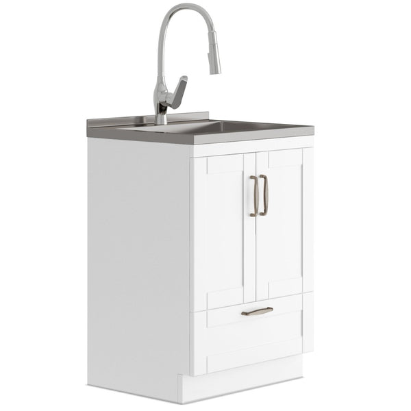 English Elm Reed Deluxe 24" White Laundry Cabinet With Deep Stainless Steel Sink & Pull-Out Faucet For Utility Use B136P158812-GIGA