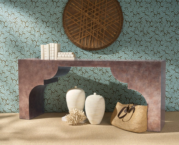 Hooker Furniture Melange Long Taj Console With Scalloped Legs, Silver Leaf & Mottled Brown Finish For Entryway Style 628-85694-80