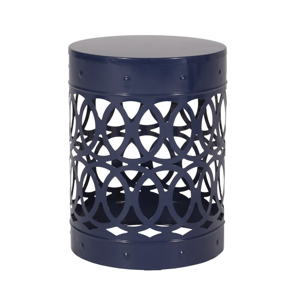 English Elm Outdoor Powder-coated Iron End Table with Geometric Cutout Design for Patio Lounging Navy Blue 73607.00NBLU