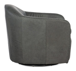 Hooker Furniture Roper Barrel Swivel Club Chair In Semi-Aniline Top-Grain Leather With Baseball Stitching Accent — Luxurious Comfort And 360° Rotation Gray CC533-SW-095