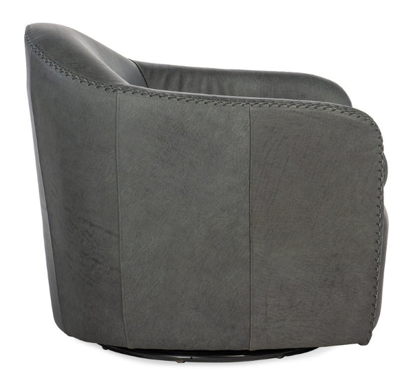 Hooker Furniture Roper Barrel Swivel Club Chair In Semi-Aniline Top-Grain Leather With Baseball Stitching Accent — Luxurious Comfort And 360° Rotation Gray CC533-SW-095