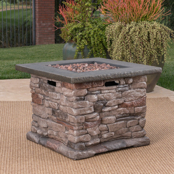 English Elm Stonewall Square Propane Fire Pit Natural Stone Outdoor Patio Gathering Focal Point 61941.00-40K