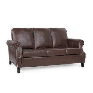 English Elm 3 Seater Pu Leather Sofa with Nailhead Trim Tapered Birch Legs for Modern Living 71405.00PUDBRN