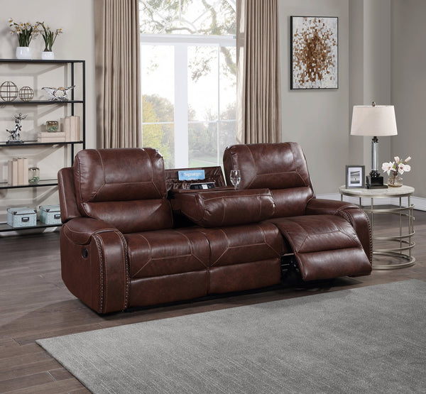 English Elm Steve Silver - Keily Manual Reclining Sofa Dark Brown Faux Leather with USB Charging Console, Cupholders, Storage 87.5" B081P156889