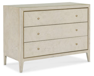 Hooker Furniture Melange Wanderlust Chest Of Drawers In Light Greige Ash Burl With Gold Trim, Tapered Legs & 3 Drawers 628-85742-05